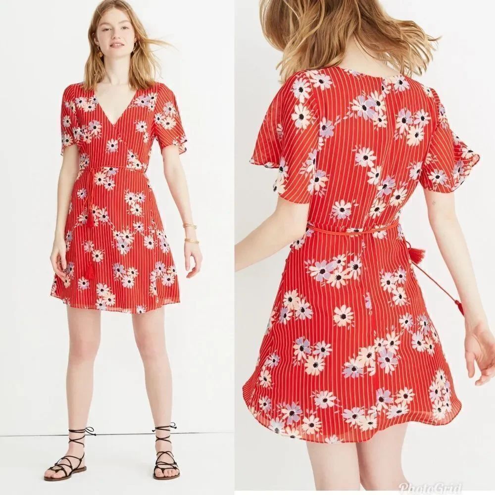Madewell Red Floral Stripe Wrap Mini Butterfly Sleeve Tassels Dress